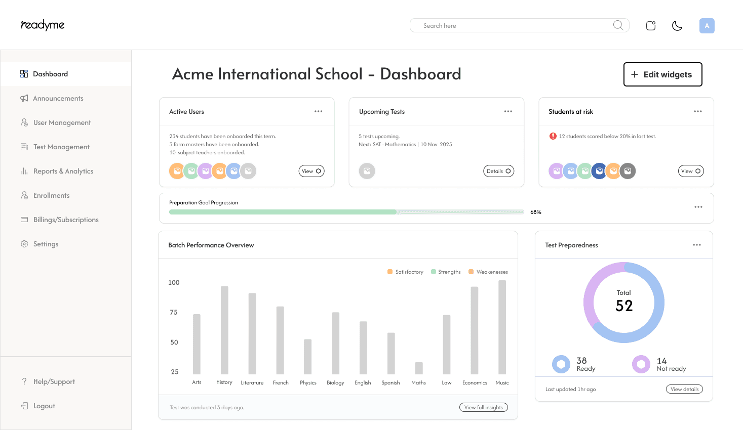 app dashboard interface